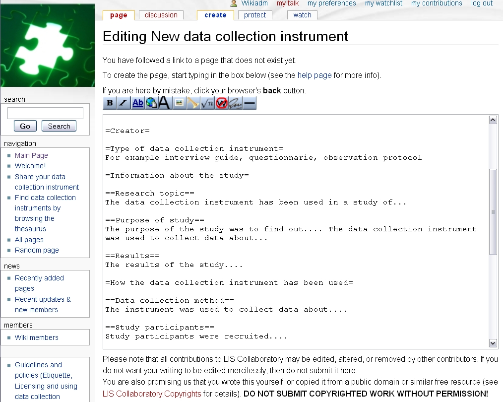 Figure 2: Prepopulated editing box for annotating a data collection instrument